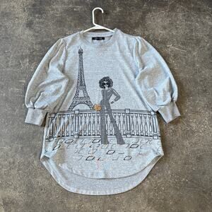 Love Lace Sweater Womens S Girl Eiffel Tower Round Neck 3/4 Lantern Sleeve